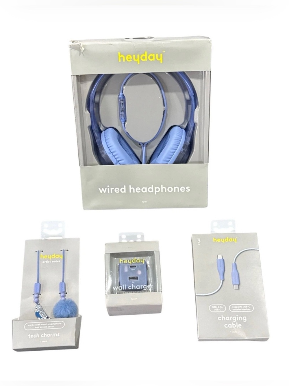 heyday Light Blue Wired Headphones with Matching Cable, Charger & Tech Charm